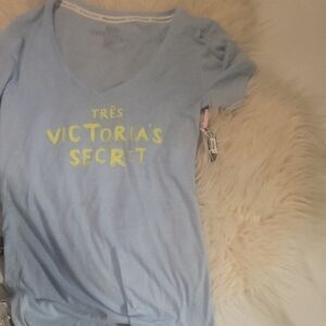 Victoria's Secret Light Blue V-Neck Tee with Yellow Text